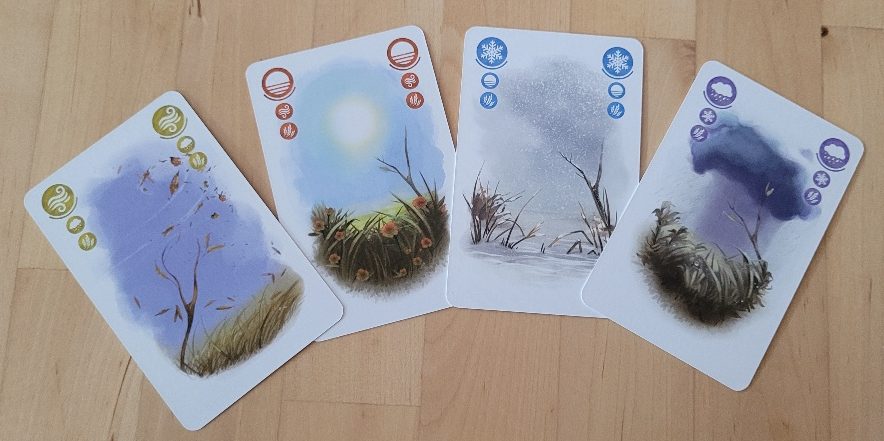 Vier Karten zeigen die verschiedenen Wetterarten bei "Petrichor": Wind, Sonne, Frost und Regen mit passendem Bild.