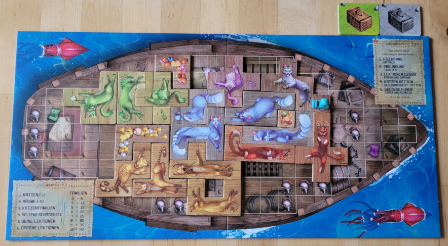Ein Boot-Spielplan aus "Die Insel der Katzen", auf dem schon viele bunte Katzen liegen.