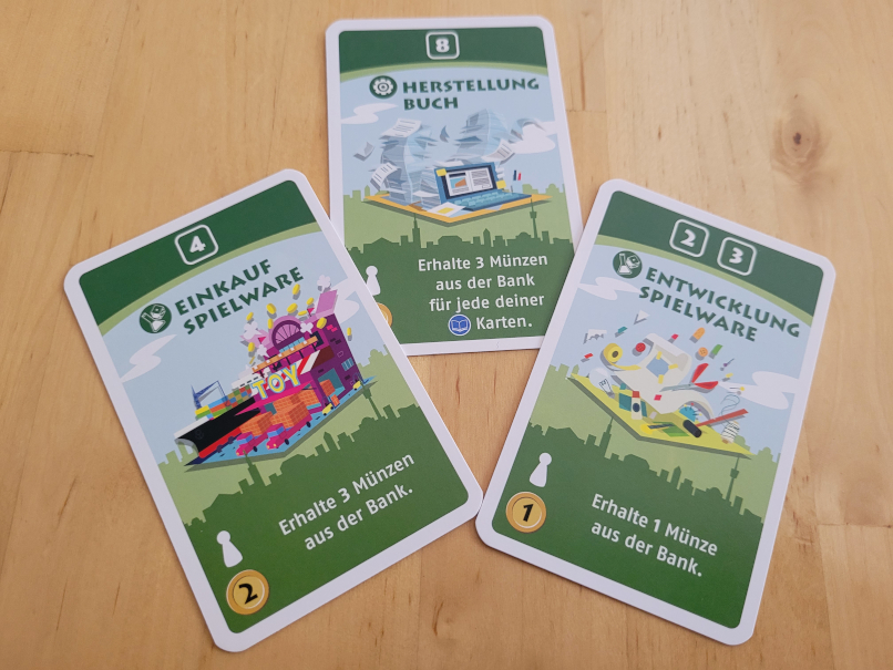 Drei Karten zeigen die Abteilungen "Herstellung Buch" sowie "Einkauf" und "Entwicklung Spielware".