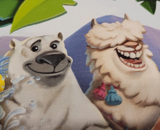 Ein Auschnitt aus dem Cover zeigt einen lachenden Eisbär und ein grinsendes Alpaca.