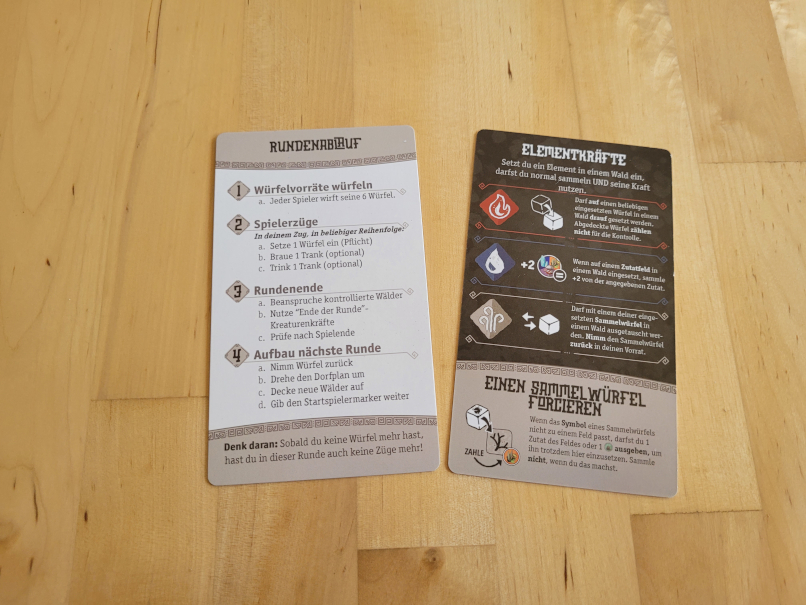 Zwei Spielhilfekarten aus "Brew".