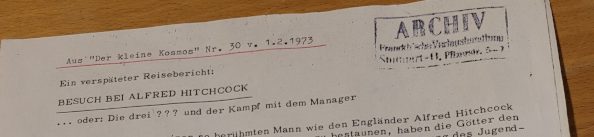 200 Jahre Kosmos: Im Archiv gefunden - mit Schreibmaschine beschriebenes Papier von 1973 zum Besuch bei Alfred Hitchkock.