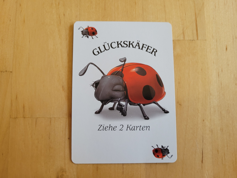 Eine Karte mit einem süßen Marienkäfer und dem Text "Glückskäfer – Ziehe 2 Karten".