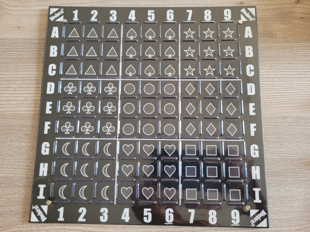 Das Spielbrett von "Blockers!" mit Zahlen, Buchstaben und Symbolen.