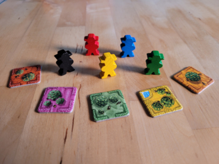Figuren in fünf Spielerfarben und fünf verschiedenfarbige Plantagen.