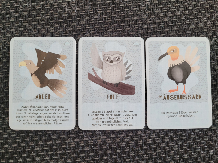 Drei graue Karten mit einem Adler, einer Eule und einem Mäusebussard.