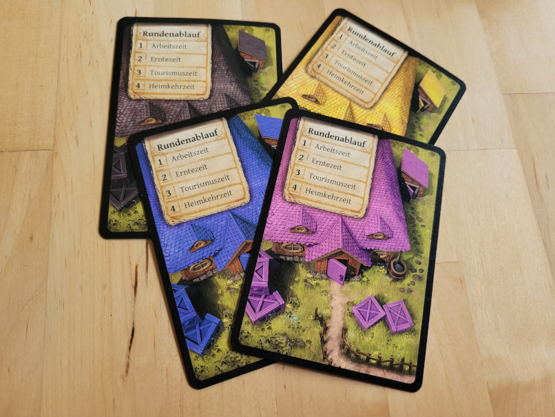 Vier Spielerkarten mit Rundenablauf.
