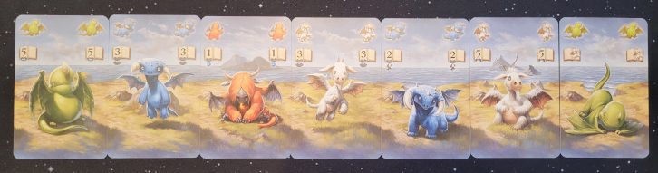 Sieben Drachenkarten aus "Drachenhüter" liegen in einer Reihe.