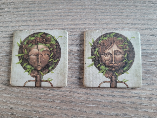 Zwei quadratische Plättchen mit leicht verzerrten Gesichtern aus "Botanik".