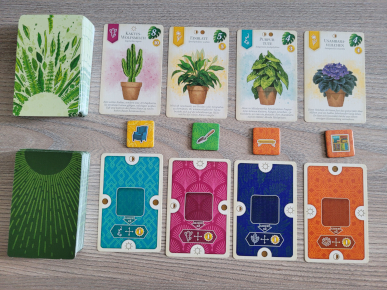 Karten und zwei verdeckte Kartenstapel mit Pflanzen und vielen Symbolen aus "Sattgrün".