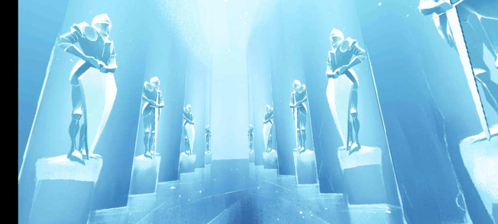 Ein Raum, der aus Eis gemacht ist mit Ritter-Statuen aus Eis.