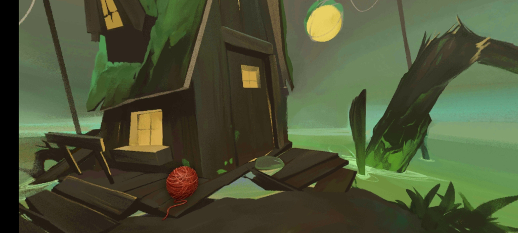 Eine Hütte im Sumpf mit einem roten Wollknäul vor der Tür.