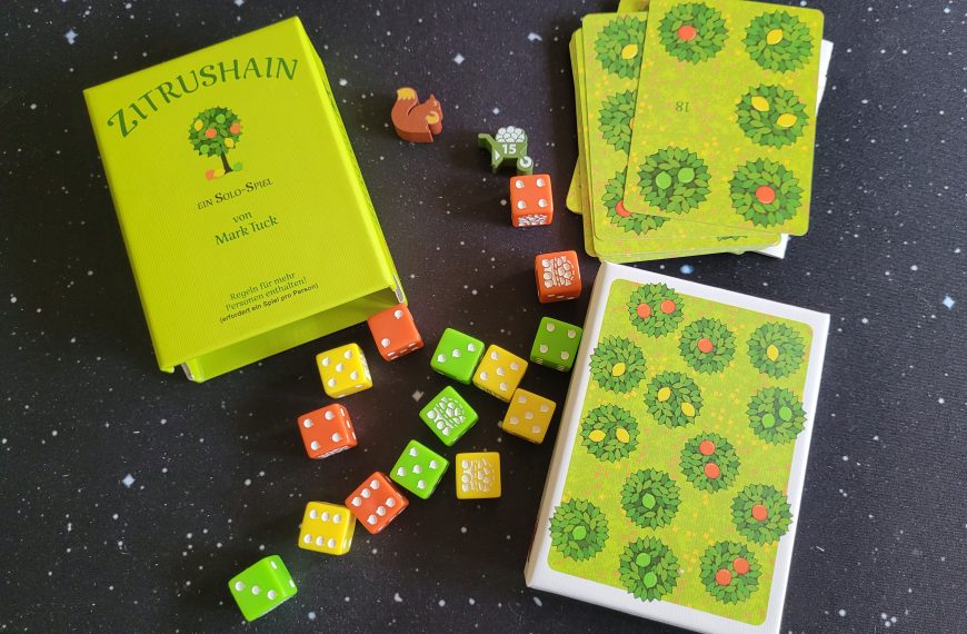 Das Spielmaterial von "Zitrushain" mitsamt Schachtel.
