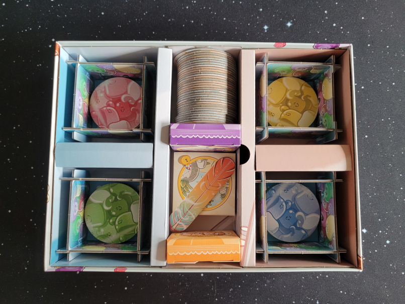 Blick in eine sehr aufgeräumte Spieleschachtel.