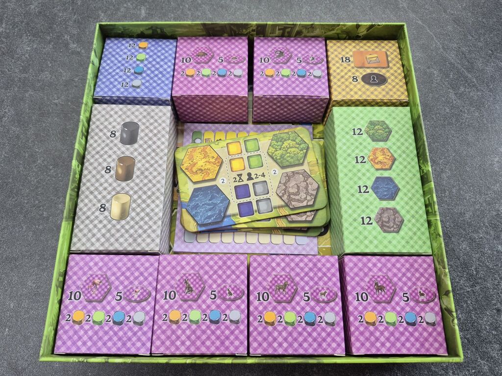 Eine Spielschachtel mit ordentlich einsortierten kleinen Schachteln.