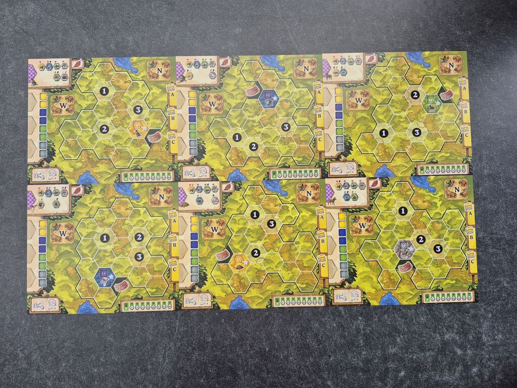 Sechs Spielpläne.