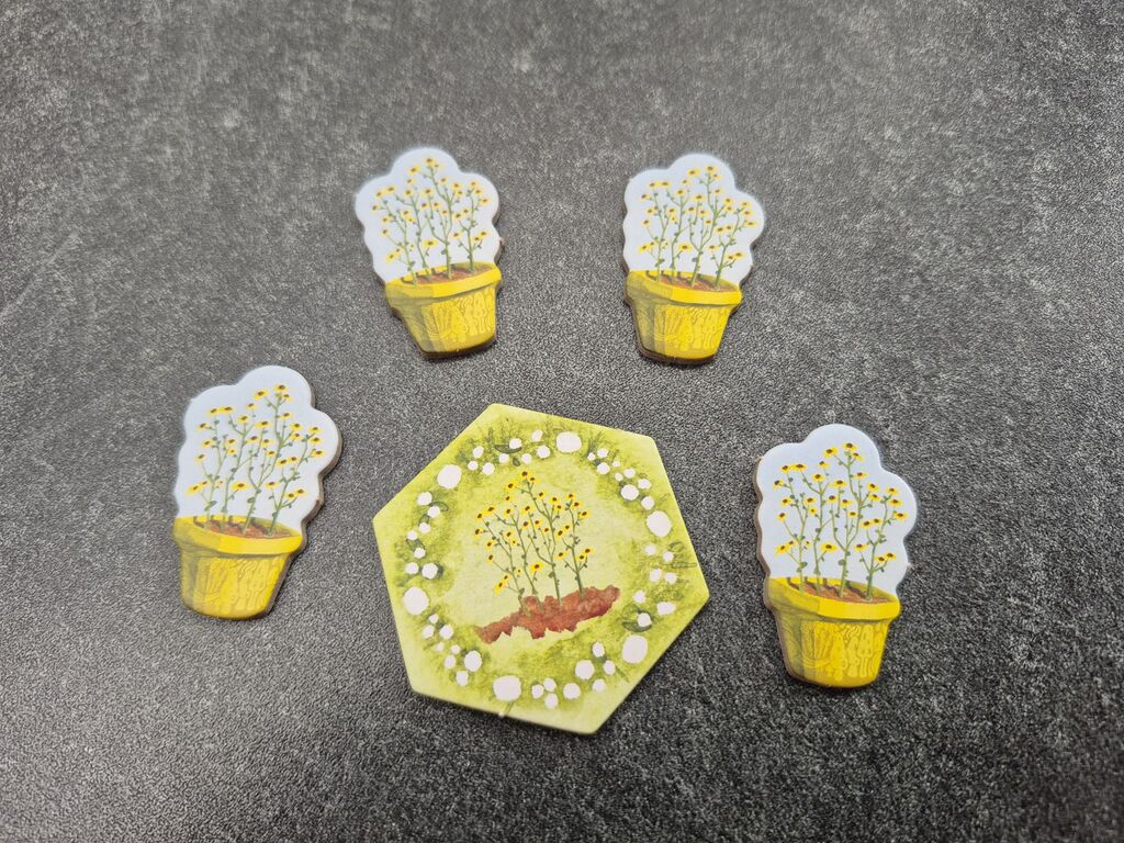 Ein sechseckiges Plättchen mit einer Blume. Drumrum viermal ein Plättchen mit der gleichen Blume, nur eingetopft.