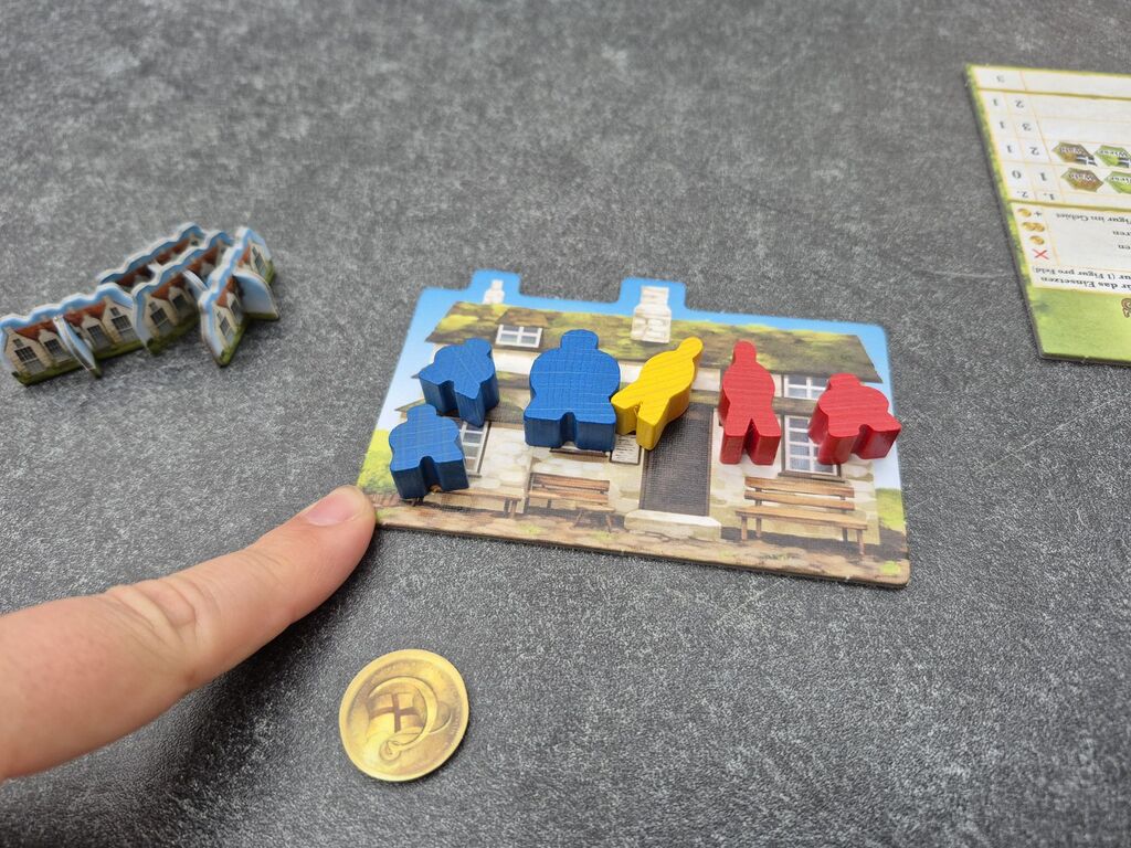 Ein Finger zeigt auf ein Plättchen, auf dem drei blaue, ein gelber und zwei rote Meeple liegen. Daneben liegt eine Münze.
