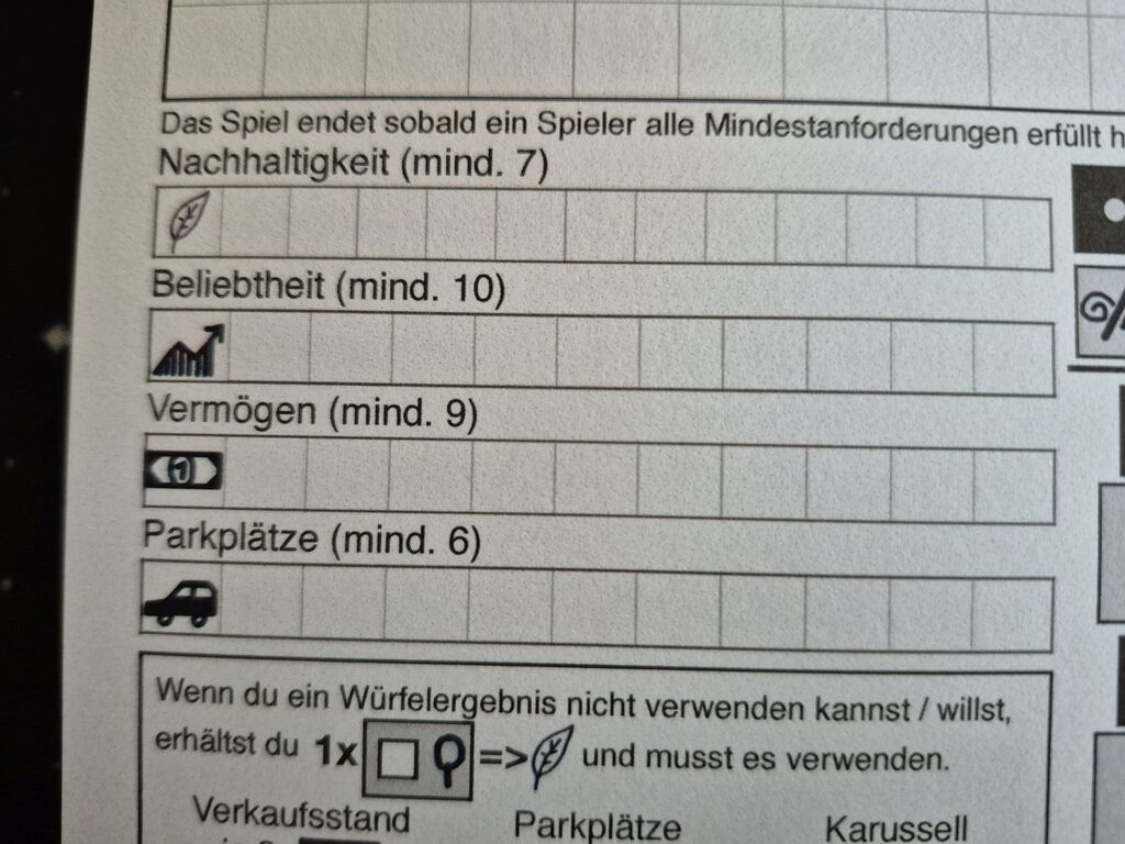 Vier Zeilen mit Symbolen und Feldern. Drumherum Text.