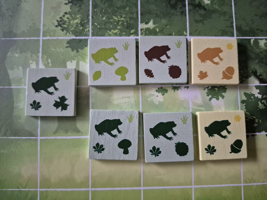 Plättchen im Raster, alle zeigen einen Frosch.