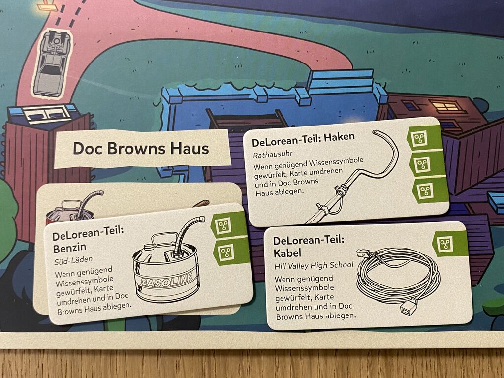 Plättchen auf einem Teil des Spielplans von "Back to the Future – Zurück in die Zukunft".