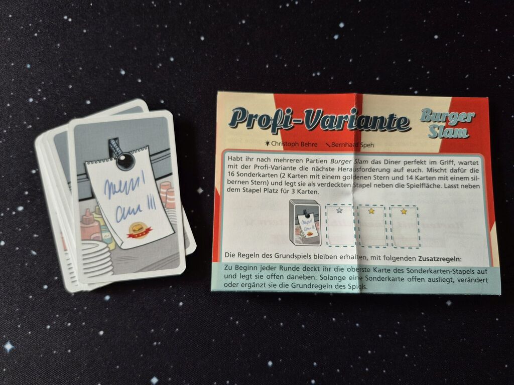 Ein Kartenstapel und eine Anleitung aus "Burger Slam".