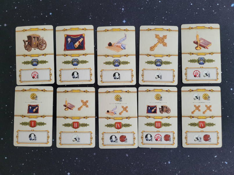 Zehn Karten mit vielen Symbolen.