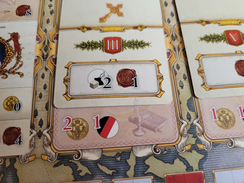 Spielplanausschnitt mit Karte und vielen Symbolen.