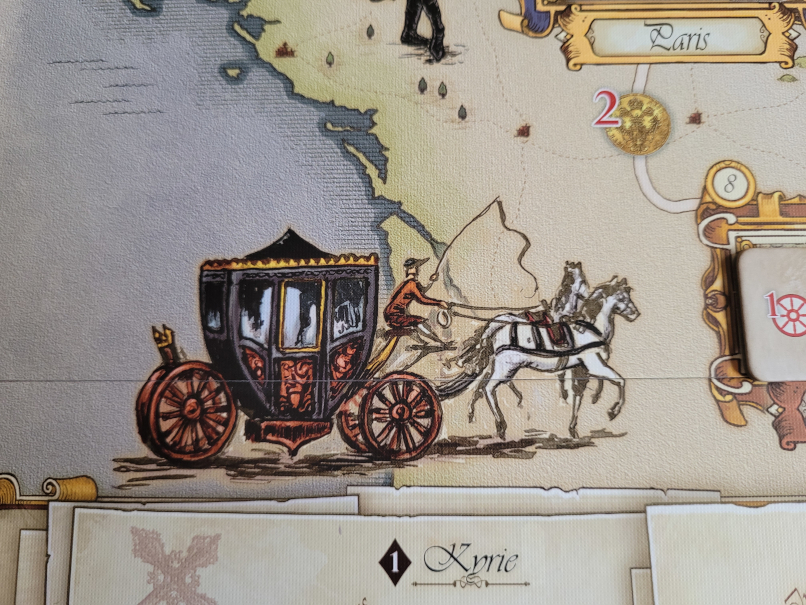 Zeichnung einer schwarzen Kutsche mit zwei weißen Pferden auf dem Spielplan.