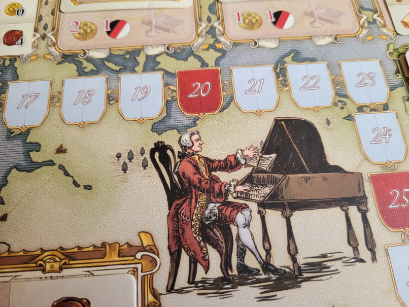 Zeichnung auf dem Spielplan von Mozart am Klavier.