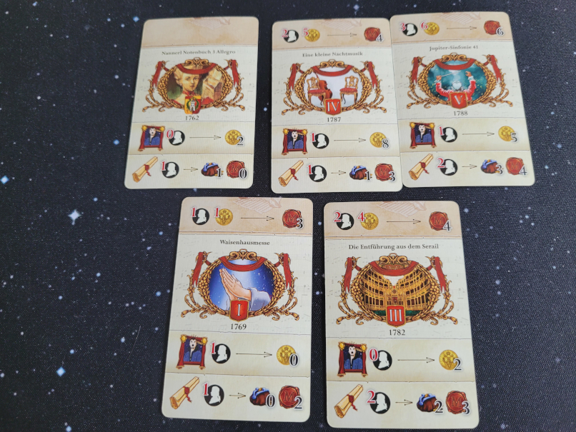 Fünf Karten mit vielen Symbolen.