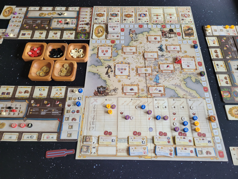 Aufgebautes Spielmaterial.