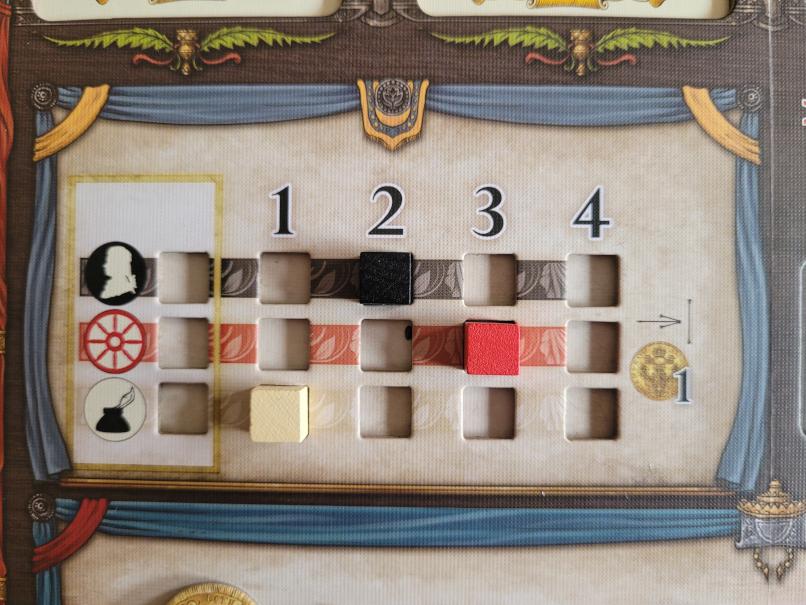 Ein Teil des Spielertableaus mit drei Reihen von Feldern. Auf jeder Reihe ein Marker.