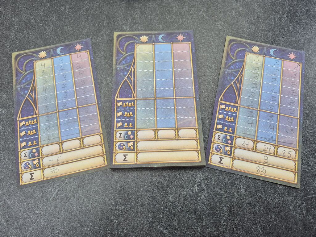 Drei Blätter vom Wertungsblock, zwei ausgefüllt.