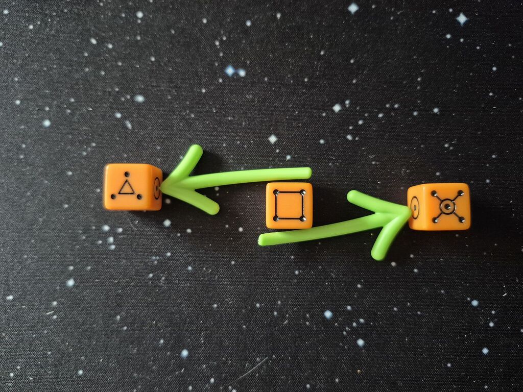 Drei Würfel, dazwischen zwei Pfeile.