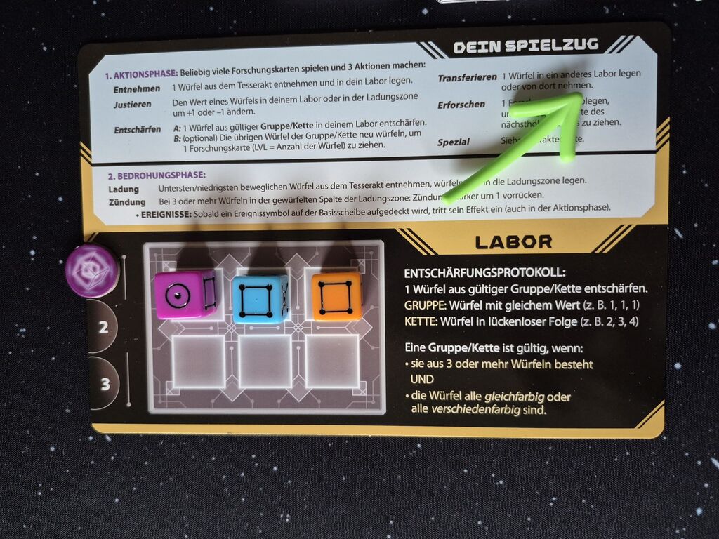 Ein Spielertableau mit drei Würfeln und einem grünen Pfeil.