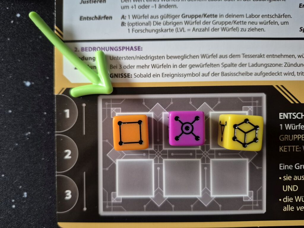 Ein andere Tableau mit einem grünen Pfeil, auf dem jetzt einer der vorherigen Würfel liegt.