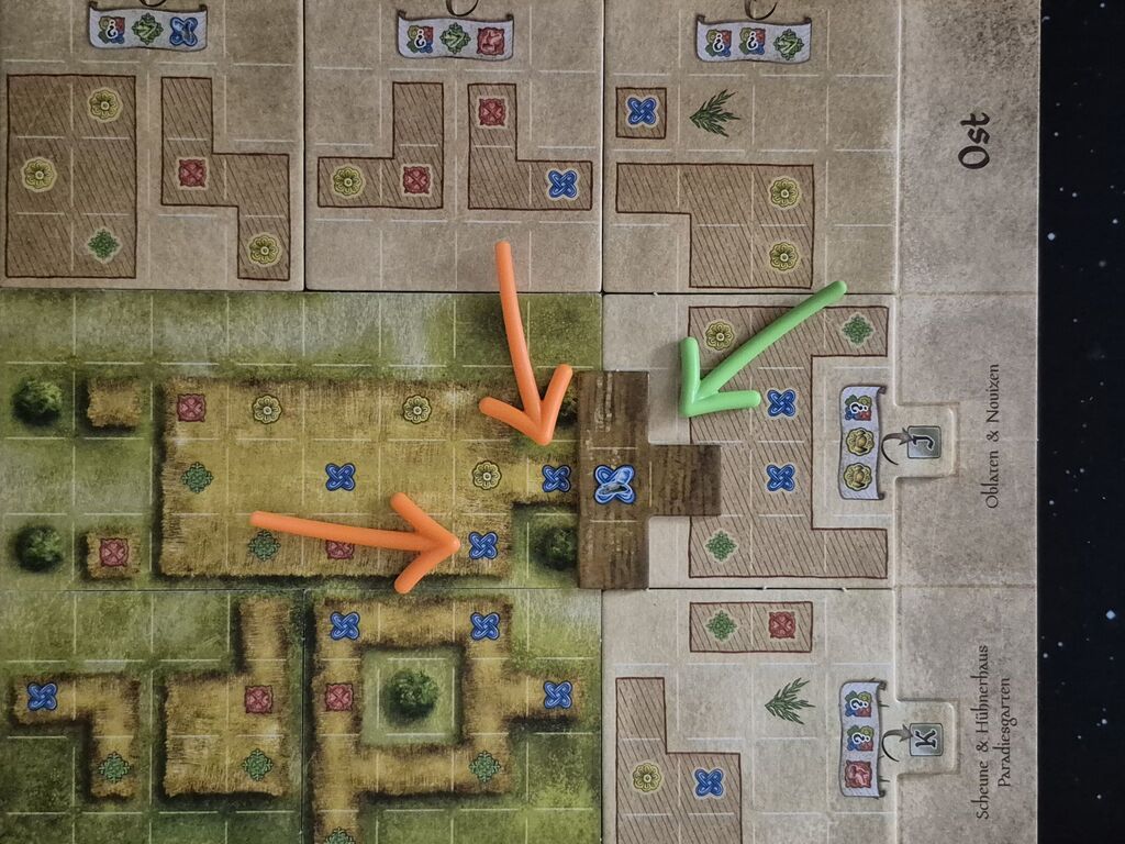 Pfeile zeigen auf Spielmaterial von "Campus Galli".