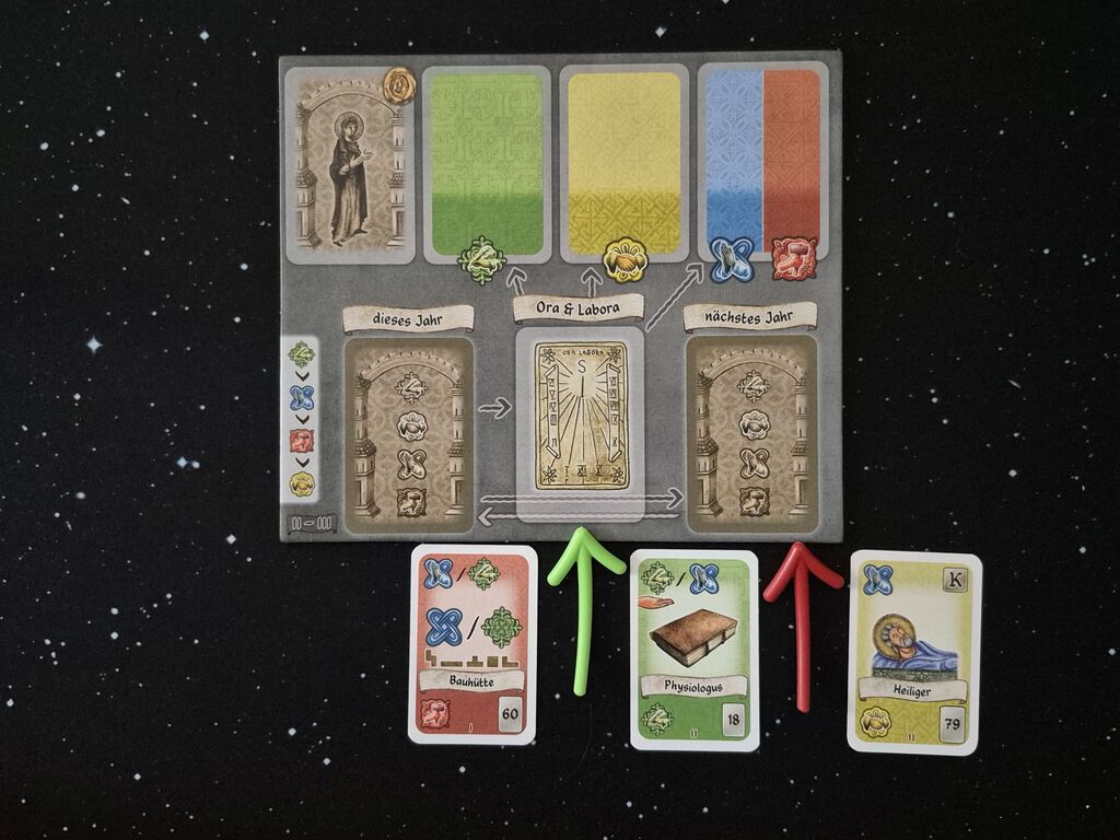 Karten unter dem Spielertableau von "Campus Galli".