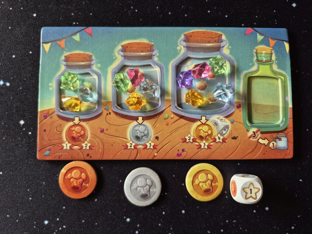 Das Spielertableau mit Gläsern, Zuckerkristallen und Münzen.