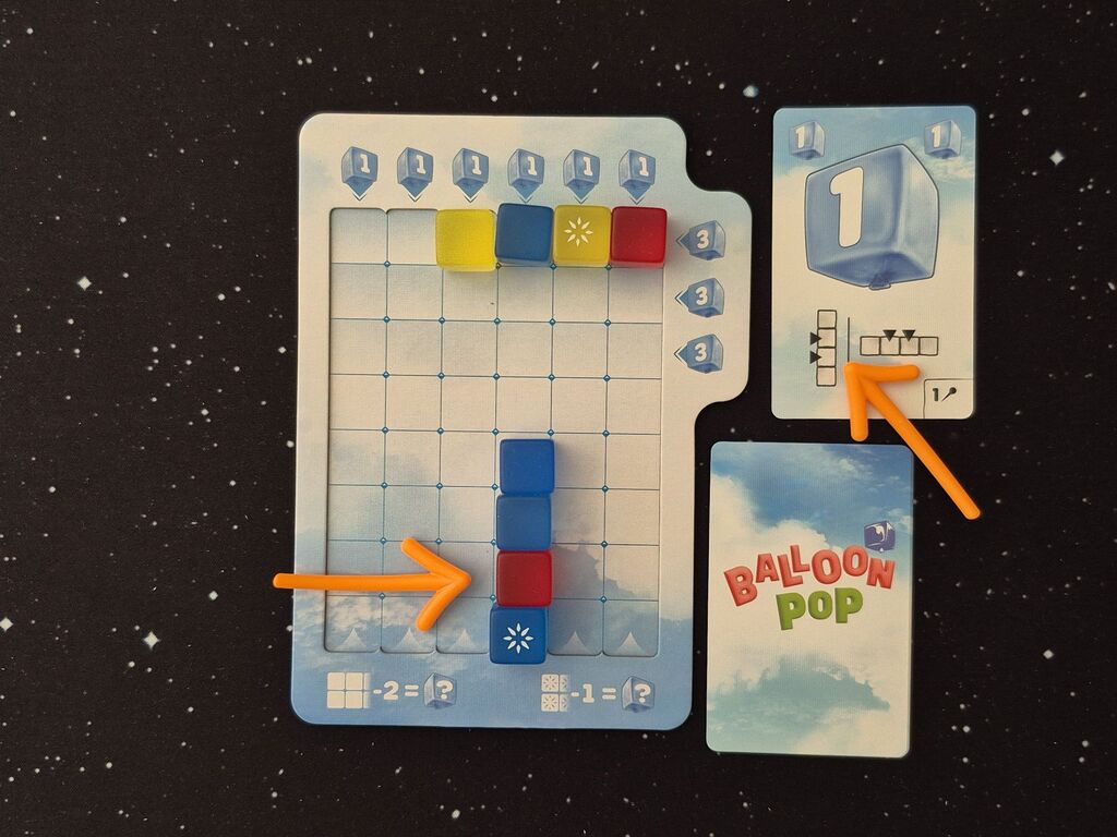 Würfel, Tableau, Karten, Pfeile.