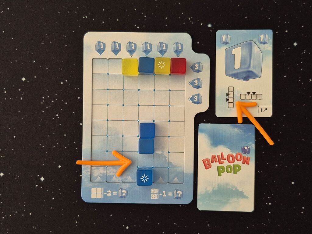 Würfel in anderer Anordnung, Tableau, Pfeile, Karten.