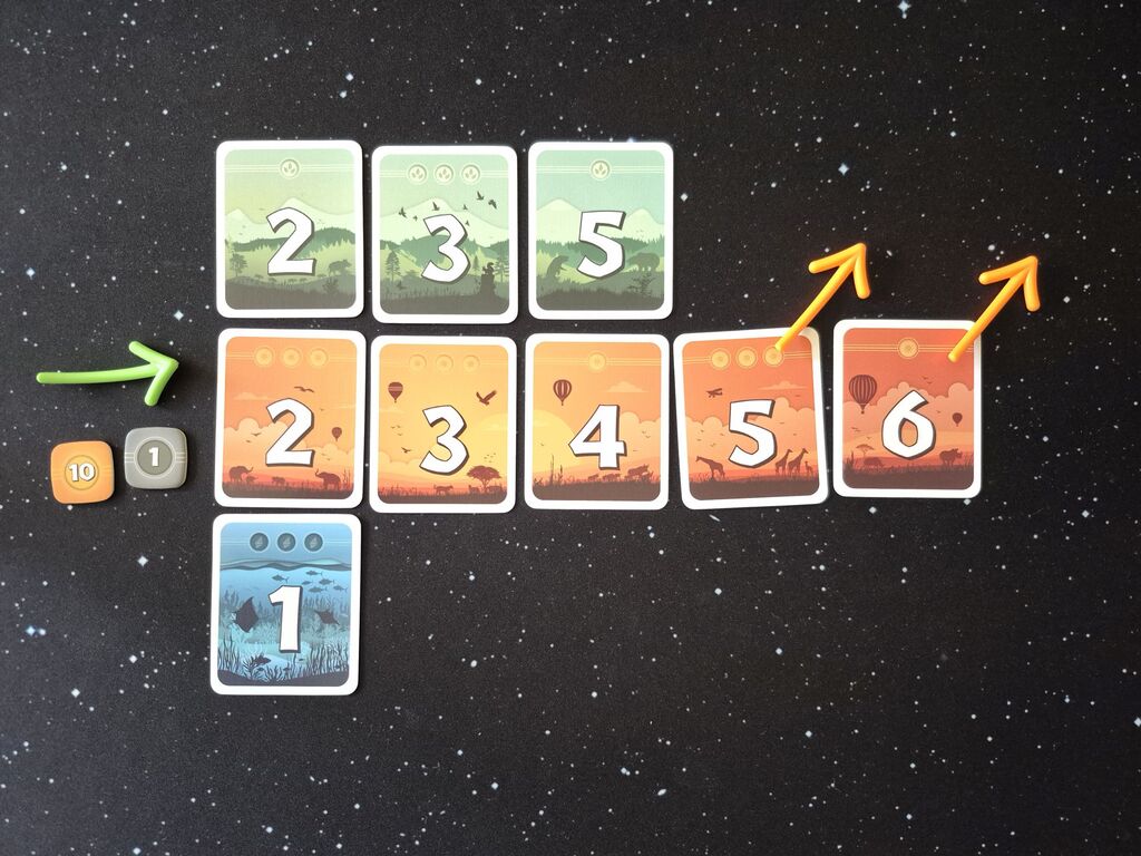 Kartenreihen mit Zahlen, an einigen liegen Pfeile.