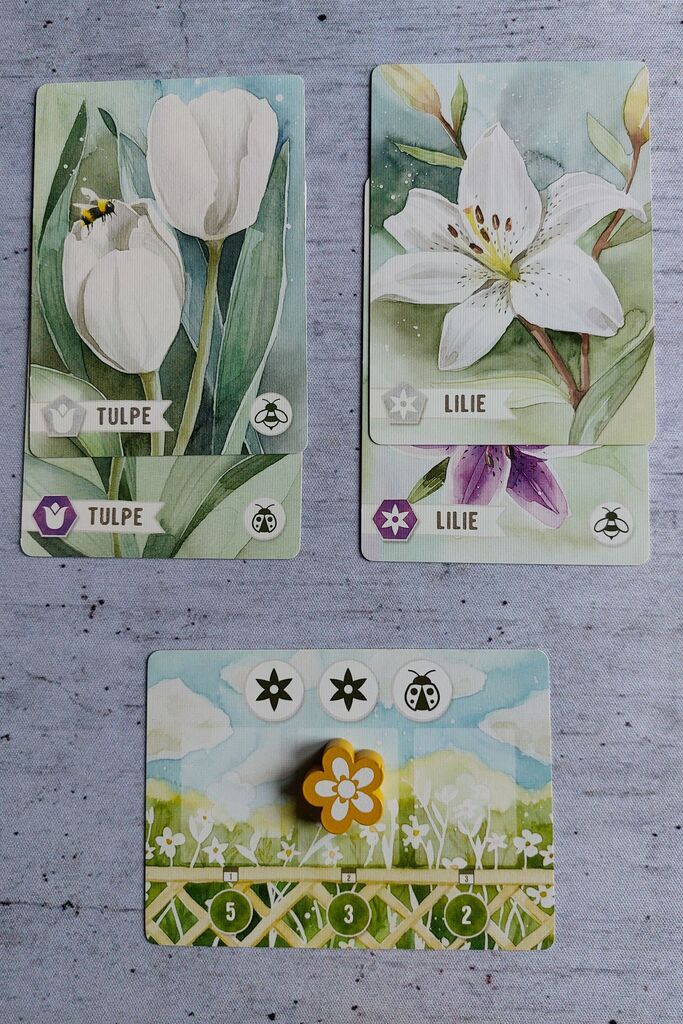 Karten mit Blumen und Symbolen.