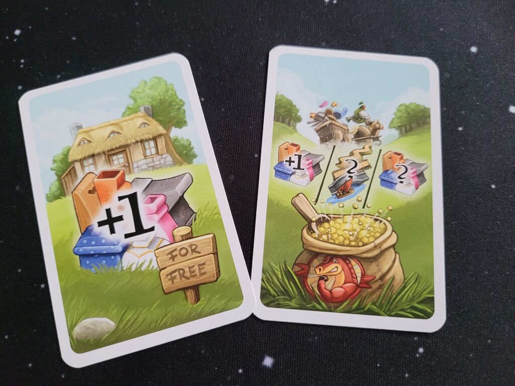 Zwei Karten mit Illustration, Zahlen und Symbolen.