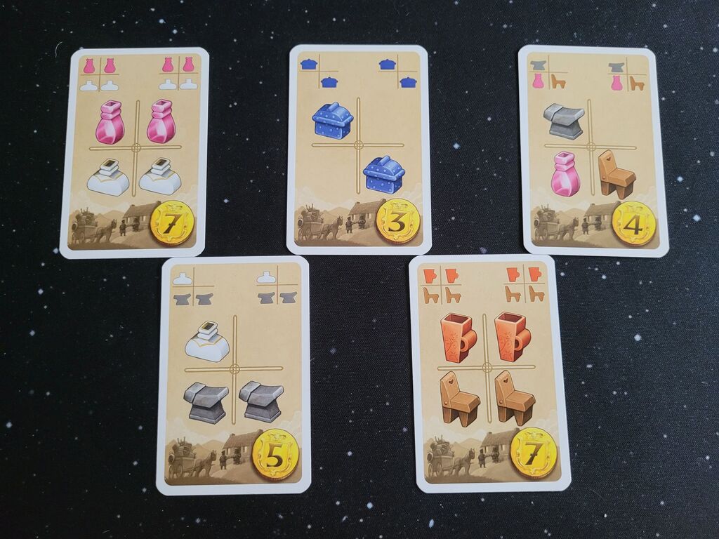 Fünf Auftragskarten.