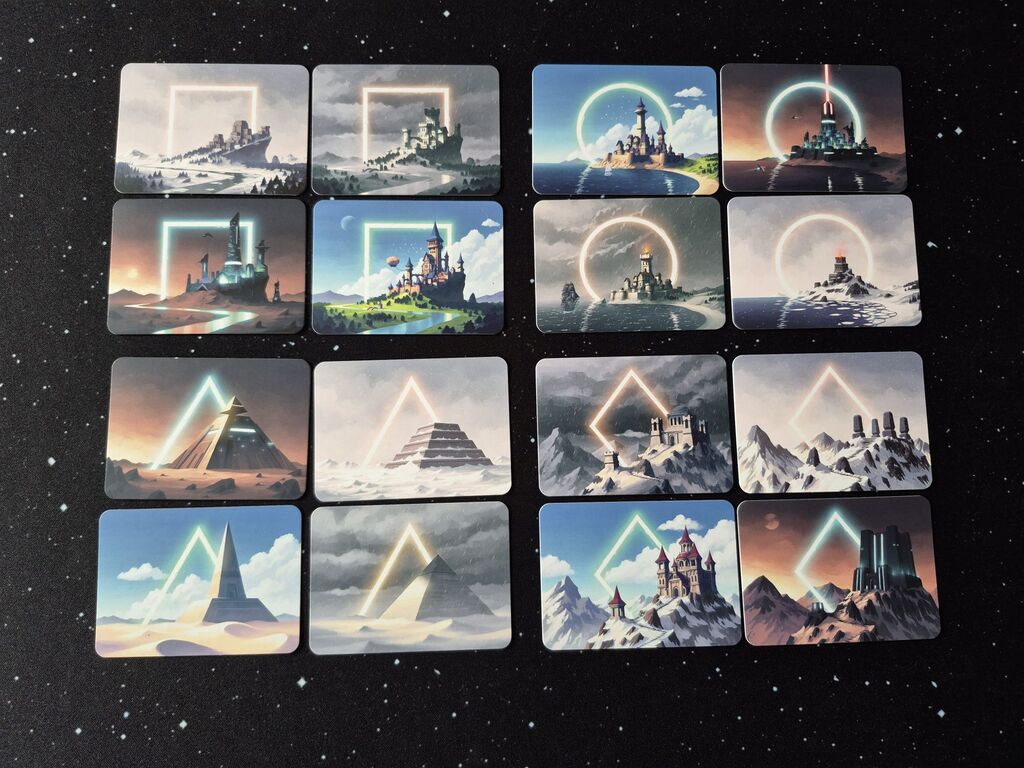 Karten mit Symbolen und Illustration.