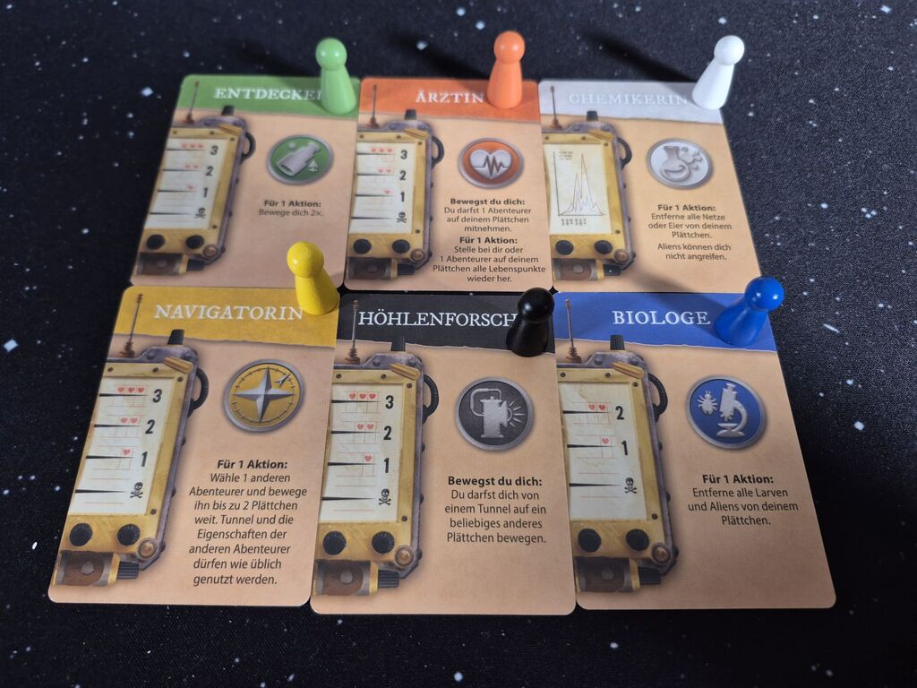 Sechs Karten mit Text und Symbolen und farblich passendem Pöppel.