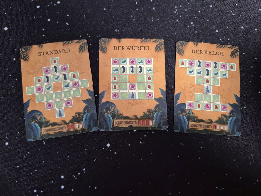Drei Karten mit Symbolen und Text.
