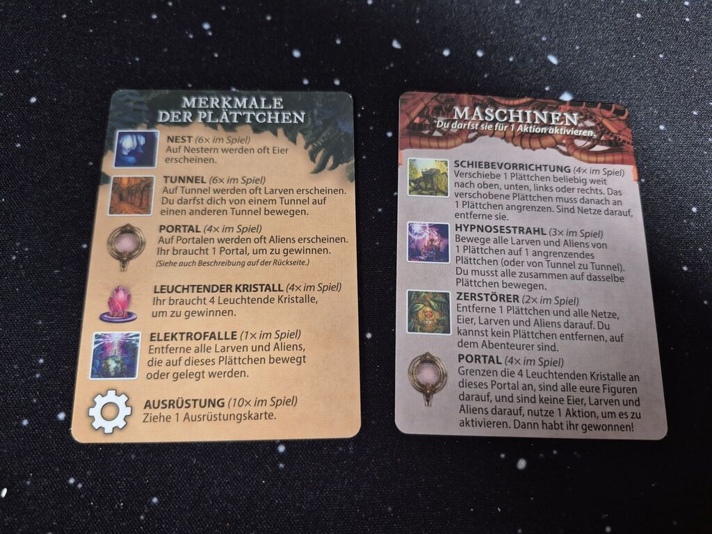 Zwei Karten mit Text und Symbolen.